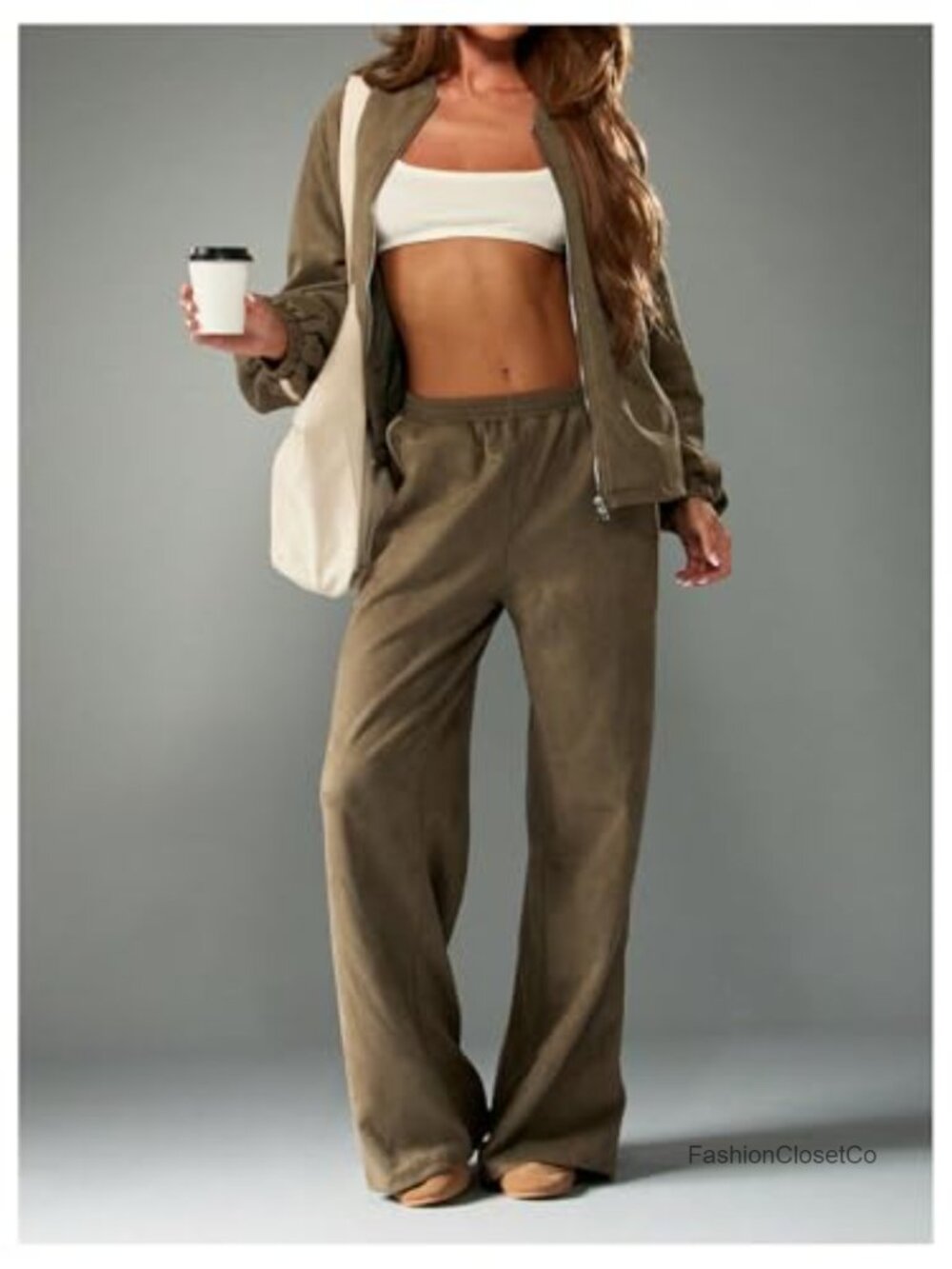 Faux Suede Baggy Pants Wide Leg High Waist Elastic Waistband Casual - Picture 4 of 4